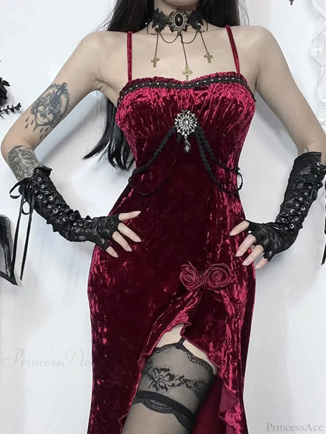 Crimson Velvet Separated Spaghetti Strap Midi Dress