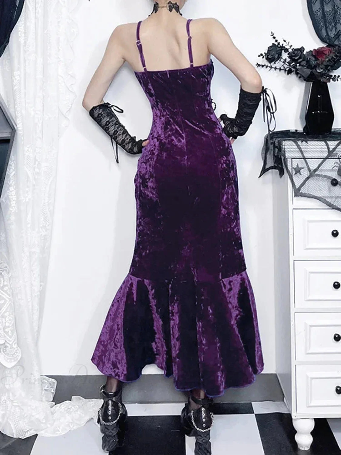 Crimson Velvet Separated Spaghetti Strap Midi Dress