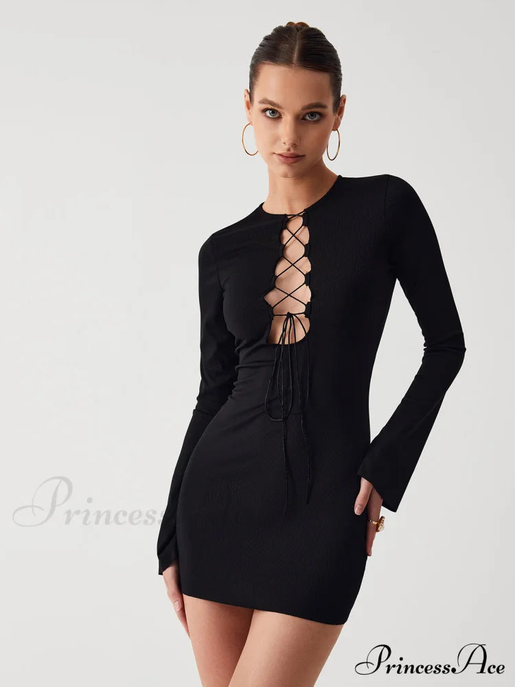 Criss Cross Long Trendy Sleeve Short Dress Black / S Dresses