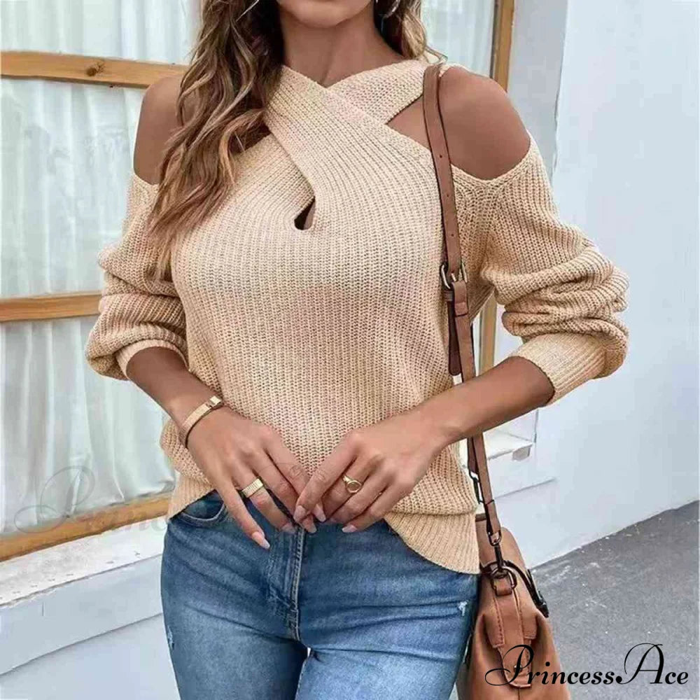 Crisscross Cold-Shoulder Sexy Sweater Cream clothes long sleeve shirts long sleeve top Ship From Overseas Shipping Delay 10/01/2023 - 10/02/2023 shirt shirts sweater sweaters top tops Y*X