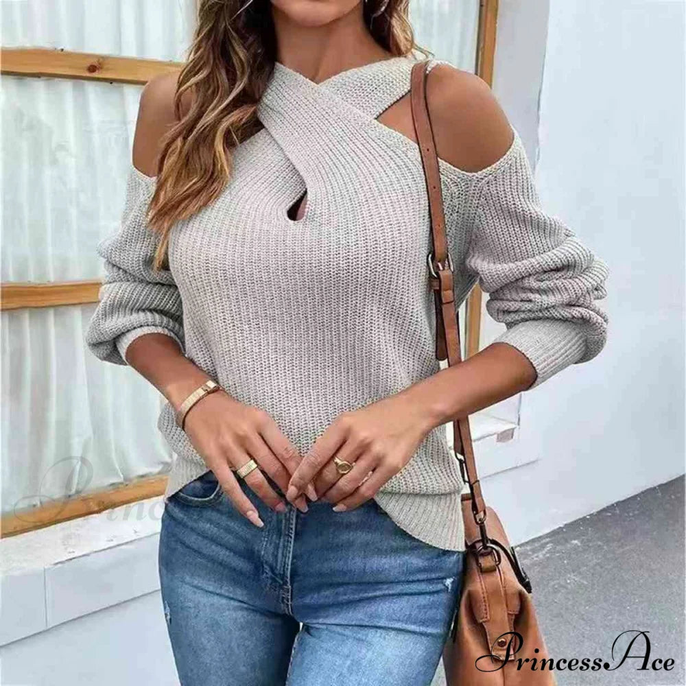 Crisscross Cold-Shoulder Sexy Sweater Heather Gray clothes long sleeve shirts long sleeve top Ship From Overseas Shipping Delay 10/01/2023 - 10/02/2023 shirt shirts sweater sweaters top tops Y*X