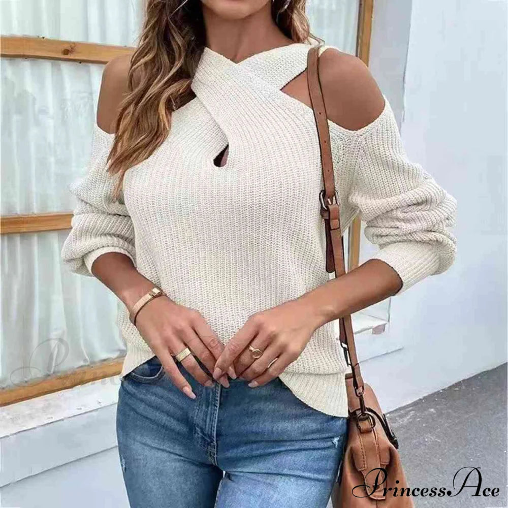 Crisscross Cold-Shoulder Sexy Sweater White clothes long sleeve shirts long sleeve top Ship From Overseas Shipping Delay 10/01/2023 - 10/02/2023 shirt shirts sweater sweaters top tops Y*X