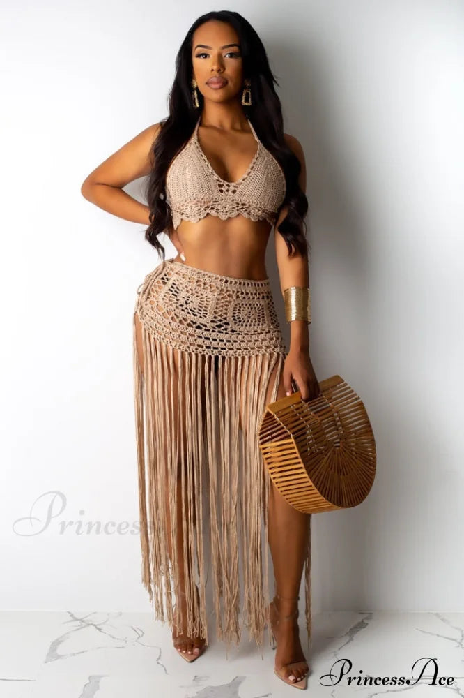 Crochet Bralette + Charming Tassel Maxi Skirt Set S / Khaki