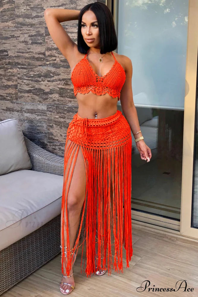 Crochet Bralette + Charming Tassel Maxi Skirt Set S / Red