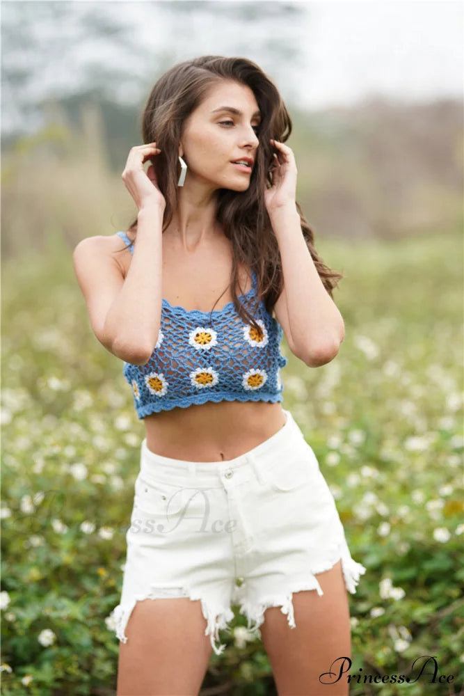 Floral Crochet Cropped Cami Crop Top Azure clothes crop top crop tops croptop M&Y Ship From Overseas shirt shirts top tops