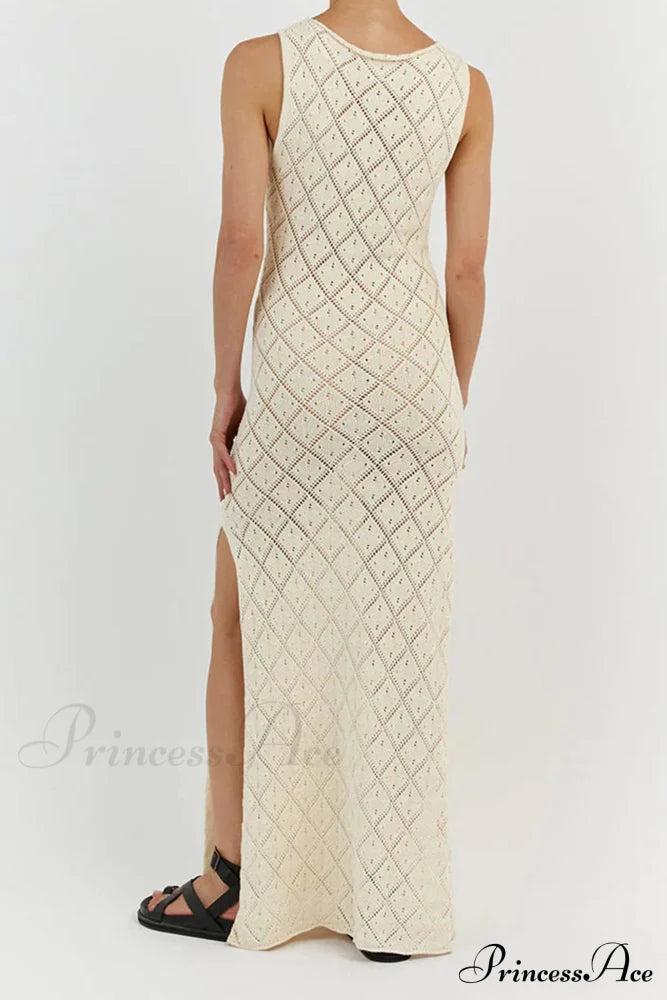 Crochet Hollow Out Knit Tank Dress With Rhombus Pattern Apricot / L Midi Dresses