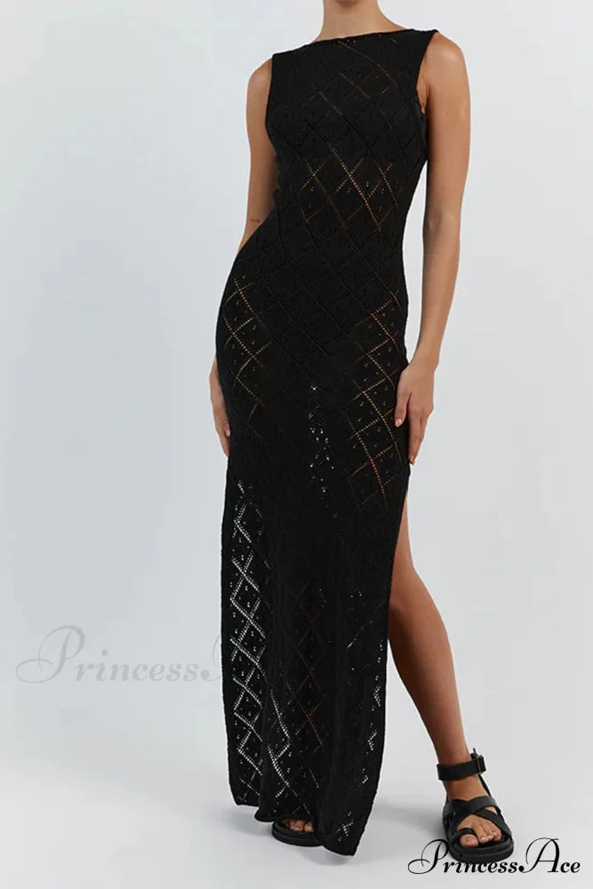 Crochet Hollow Out Knit Tank Dress With Rhombus Pattern Black / M Midi Dresses