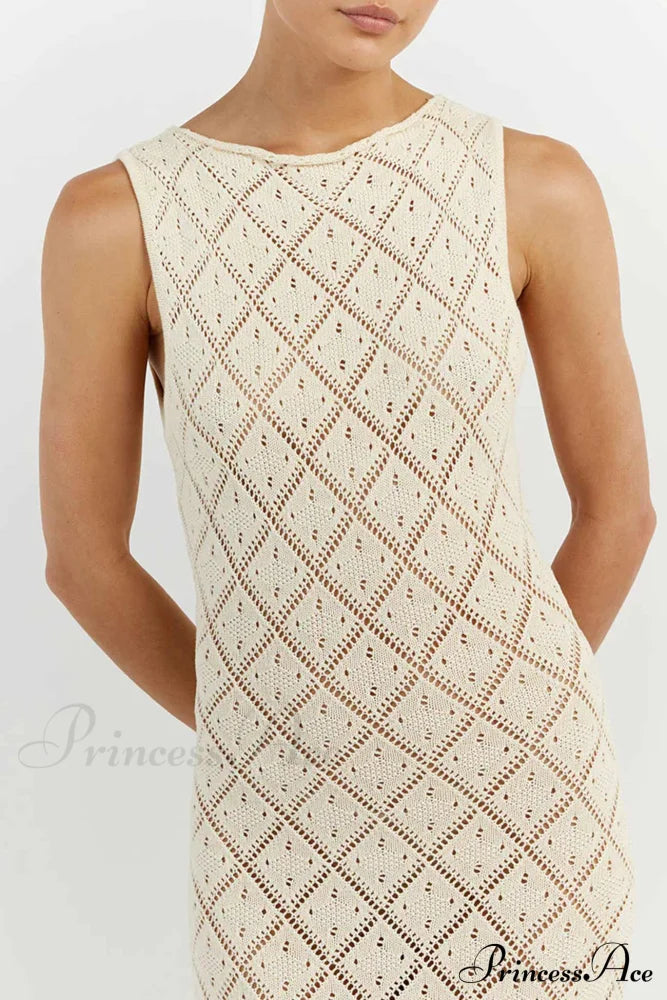 Crochet Hollow Out Knit Tank Dress With Rhombus Pattern Midi Dresses