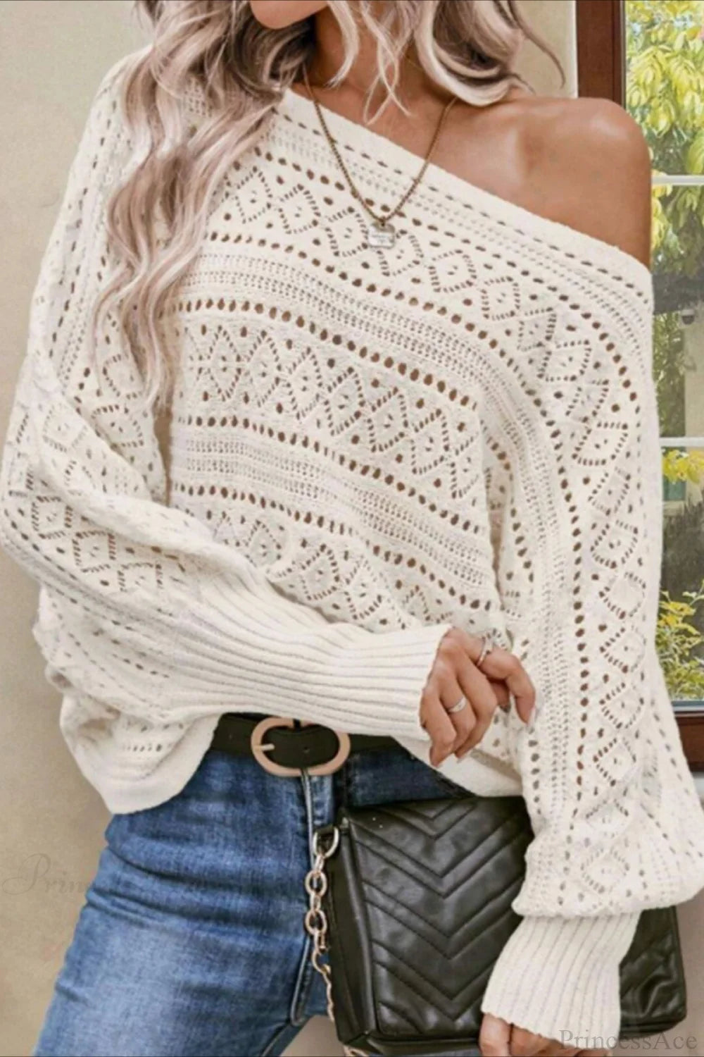 Crochet Openwork Batwing Off-the-Shoulder Pullover Blouse
