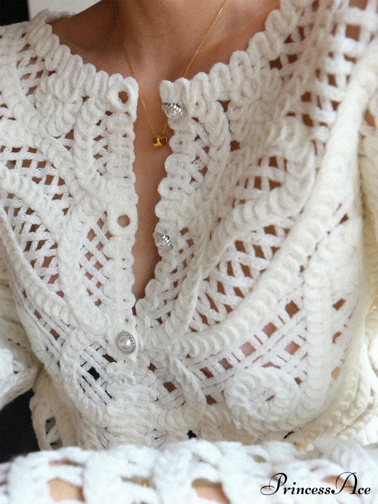 Crocheted Hollow Graceful Beaded Button Cardigan Sweaters-L