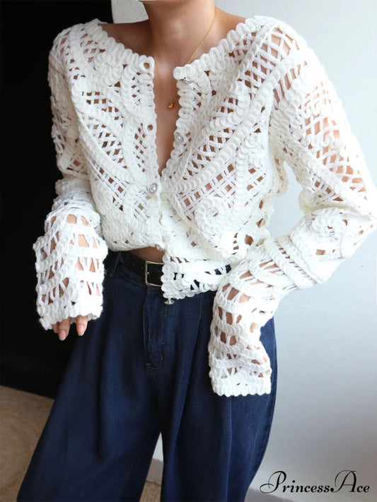 Crocheted Hollow Graceful Beaded Button Cardigan White / S Sweaters-L