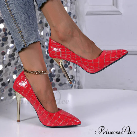 Crocodile-Effect Sexy Pattern Stiletto High Heelsfashion Pointy Party Casual Women Shoes Heel Red /