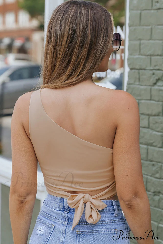 Crop Khaki One Tie Shoulder Side Top Tops