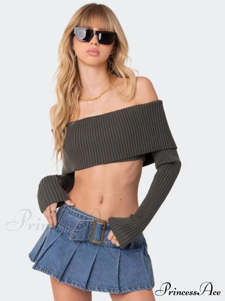 Crop Sweater And Long-Sleeved Comfortable Sexy Chest-Wrapped Top Woolen Sweaters-L