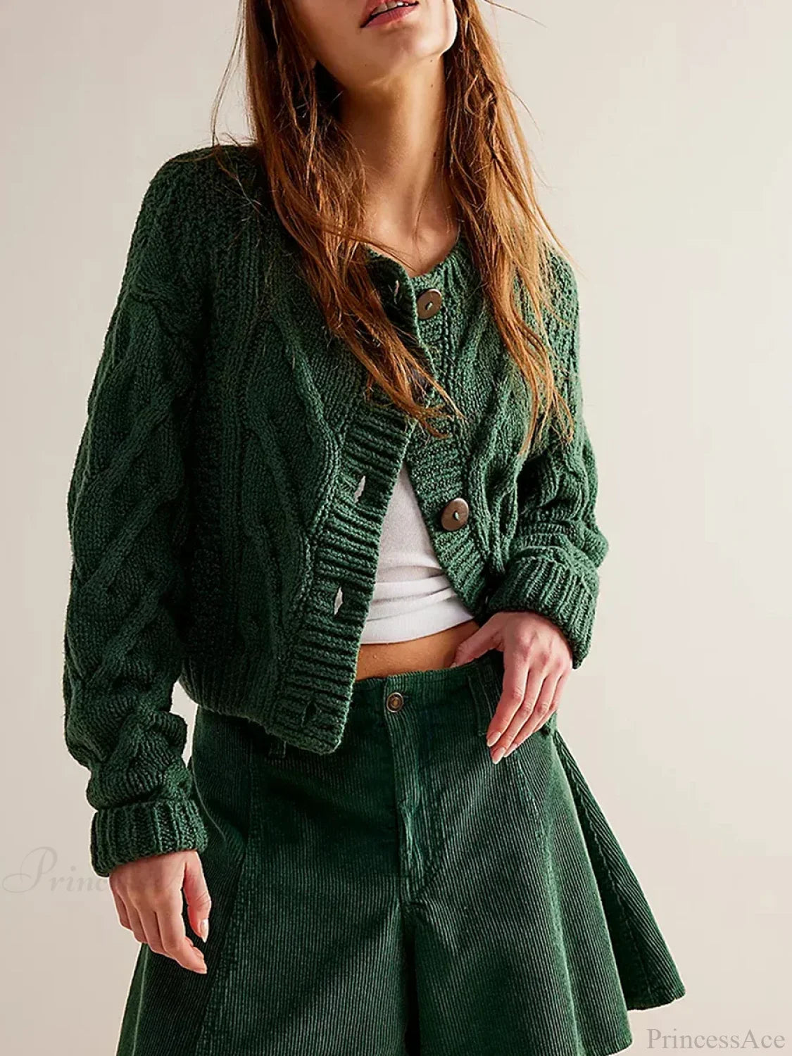 Cropped Cable Knit Button-Down Cardigan