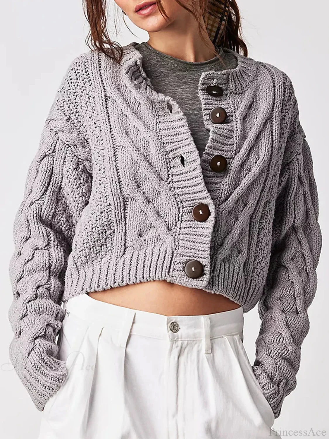 Cropped Cable Knit Button-Down Cardigan