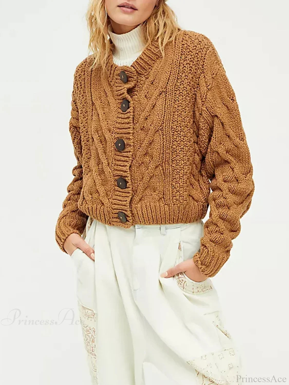 Cropped Cable Knit Button-Down Cardigan