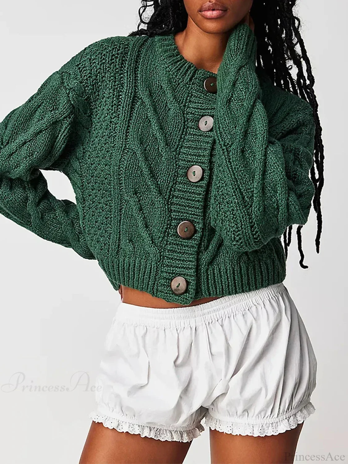 Cropped Cable Knit Button-Down Cardigan green / S
