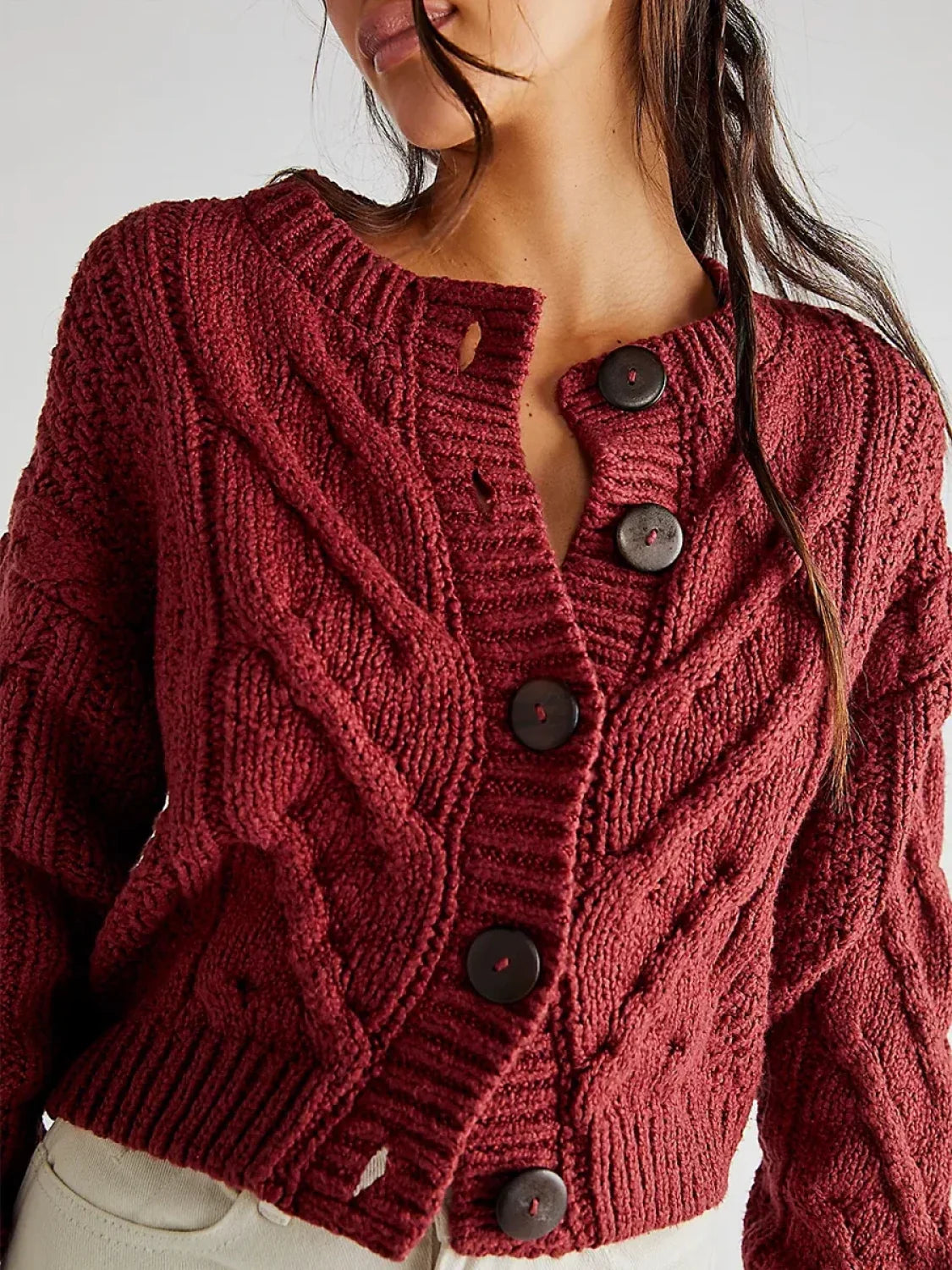 Cropped Cable Knit Button-Down Cardigan wine red / S