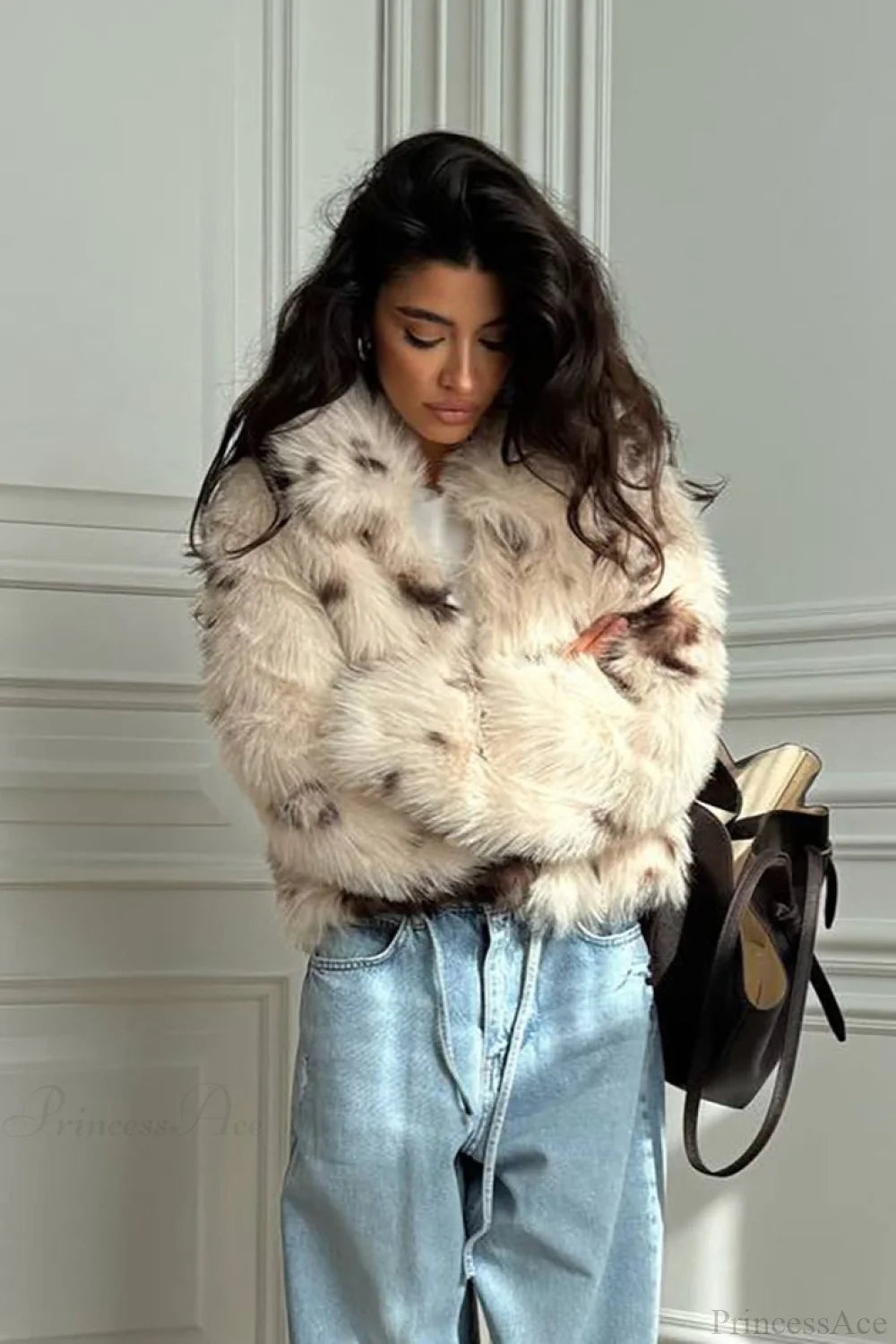 Cropped Cow Print Fuzzy Loose Warm Coat