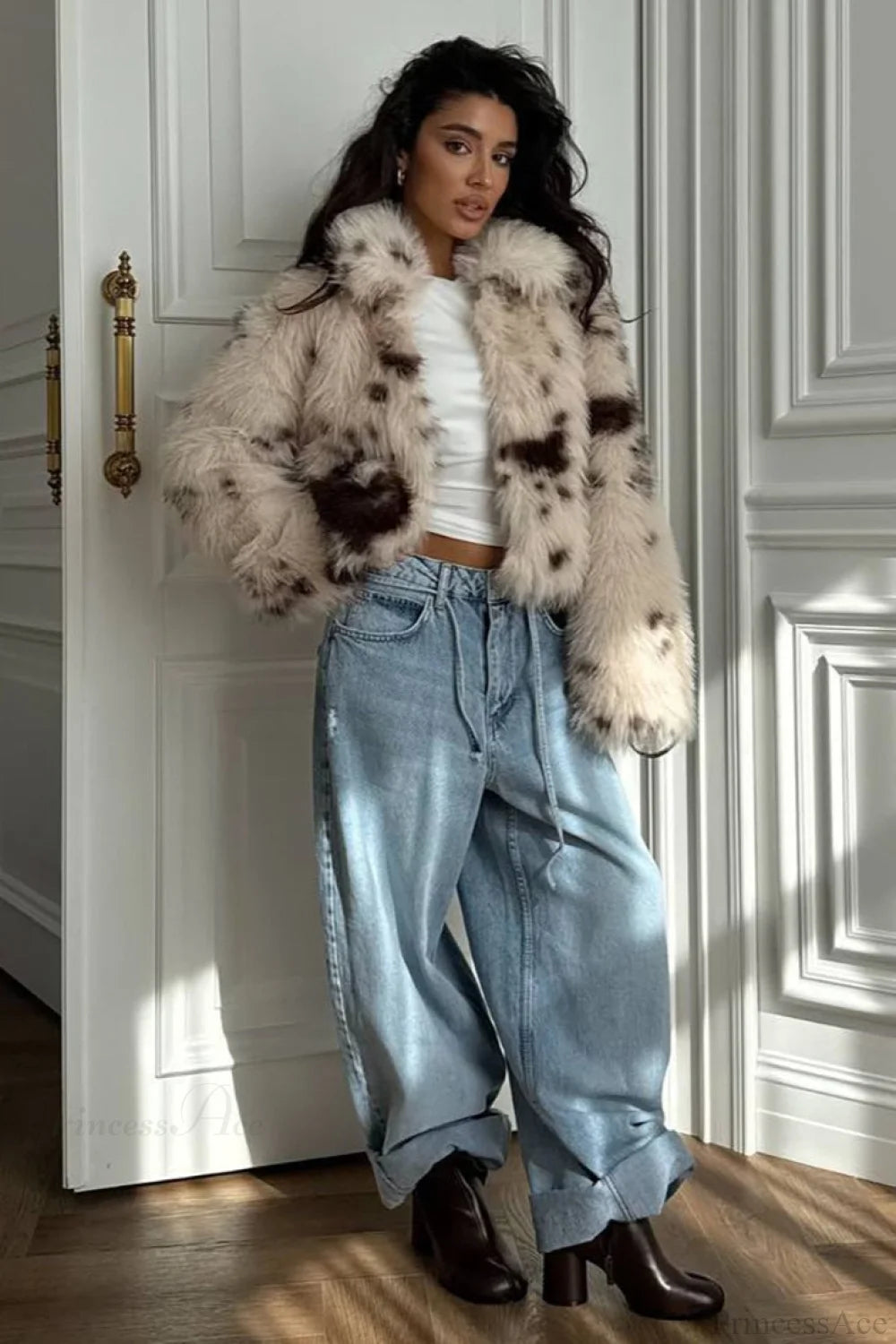 Cropped Cow Print Fuzzy Loose Warm Coat Khaki / S