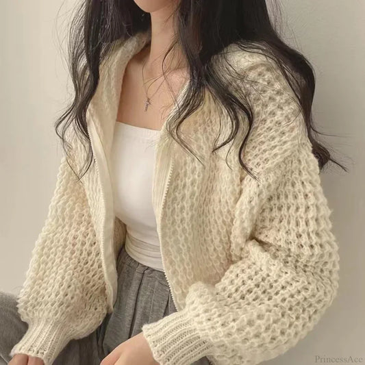 Cropped Hooded Hollow Out Knit Cardigan cardiagn-250126