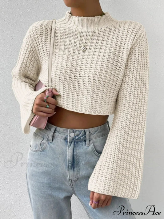 Mock Neck Long Sleeve Cropped Sweater Beige C.J@MZ clothes crop top crop tops cropped cropped sweater cropped top croptop long sleeves Ship From Overseas shirt shirts sweater sweaters top tops turtleneck sweater