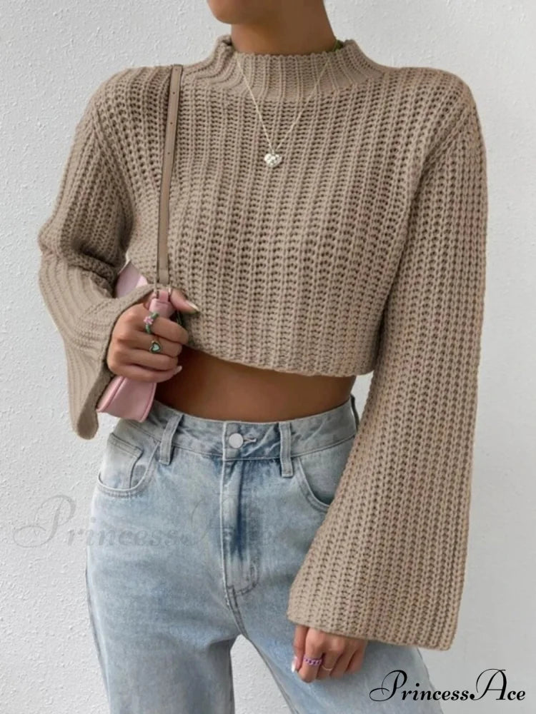 Mock Neck Long Sleeve Cropped Sweater Camel C.J@MZ clothes crop top crop tops cropped cropped sweater cropped top croptop long sleeves Ship From Overseas shirt shirts sweater sweaters top tops turtleneck sweater