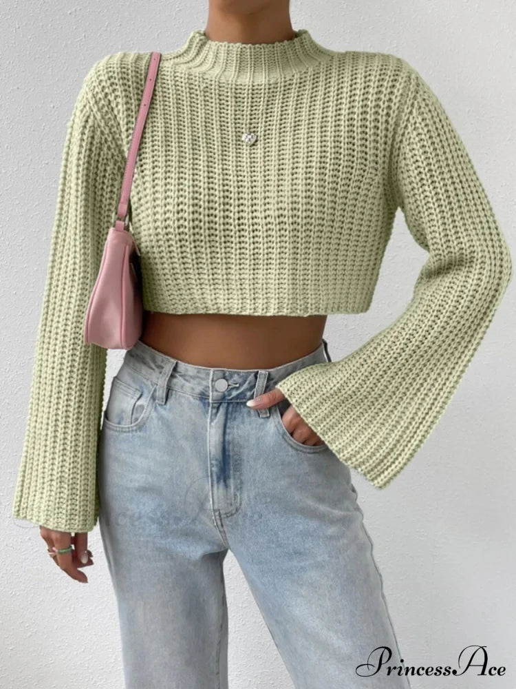 Mock Neck Long Sleeve Cropped Sweater Light Green C.J@MZ clothes crop top crop tops cropped cropped sweater cropped top croptop long sleeves Ship From Overseas shirt shirts sweater sweaters top tops turtleneck sweater