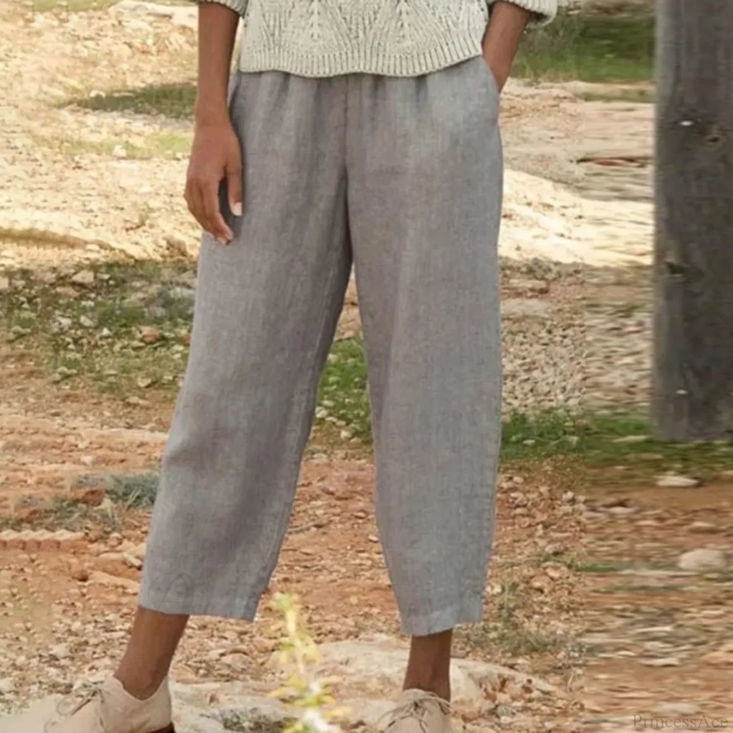 Cropped Slanted Pocket Elastic Pants Grey / S