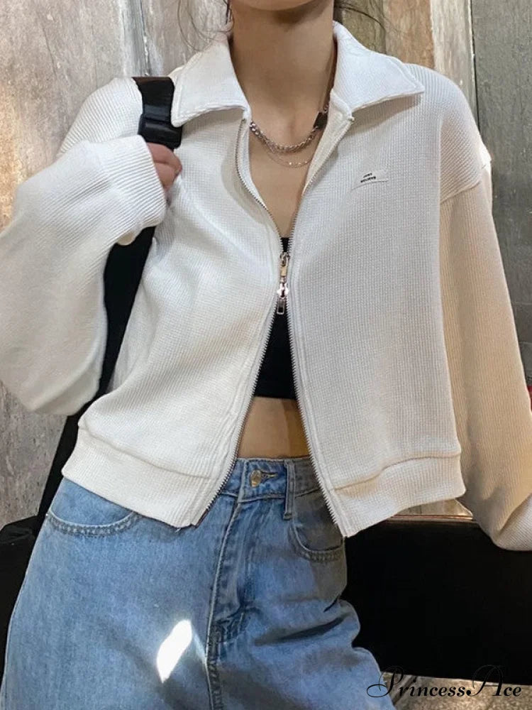 Cropped White Graceful Zip-Up Hoodie Jacket