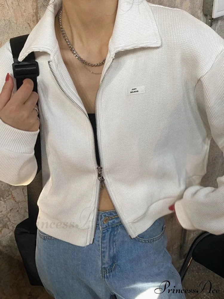 Cropped White Graceful Zip-Up Hoodie Jacket