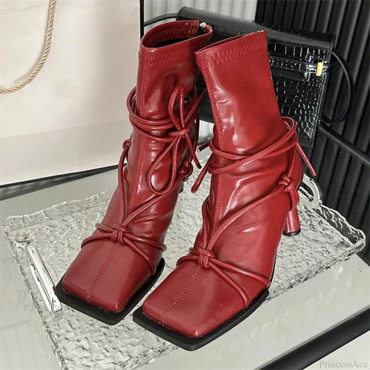 Cross-Band Square Toe Rebel Ankle Boot Red / 35