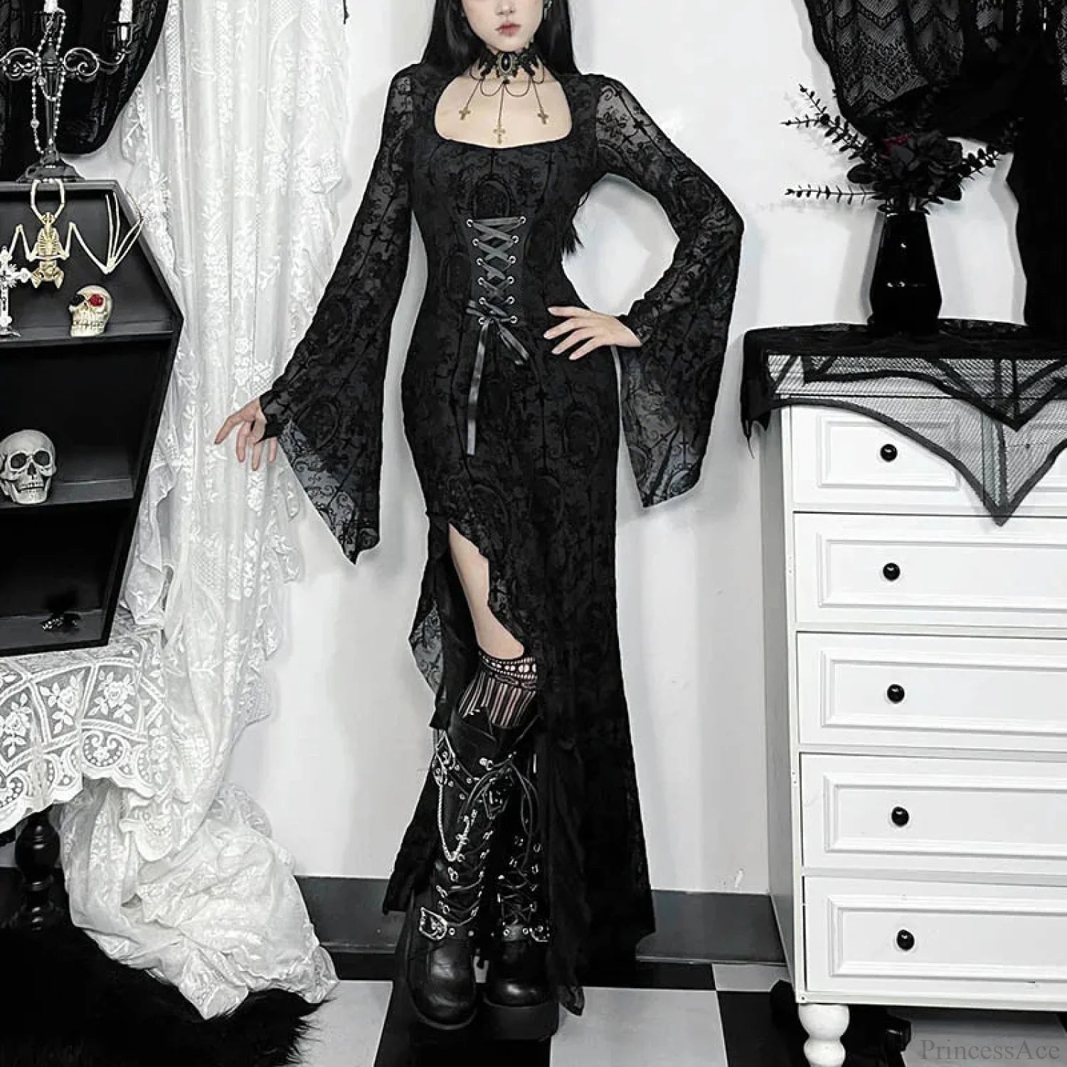 Cross Soft Long Sleeved Midi Dress Black / S