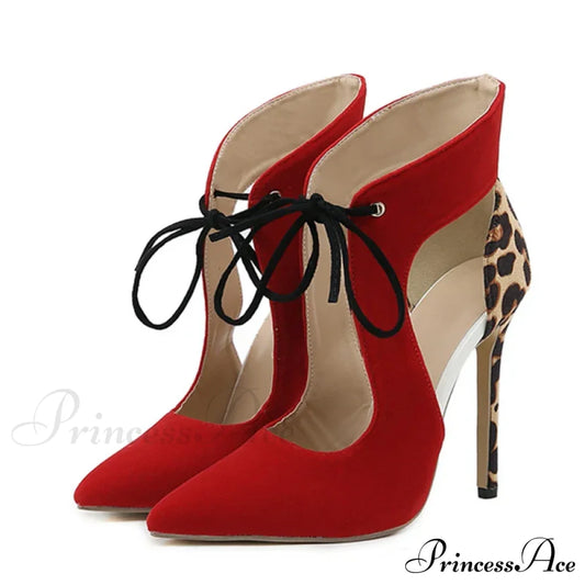 Cross-Tied Sexy Pointed-Toe Leopard-Print Wedding High Heels Stilettofashionable Stripper Heel Red