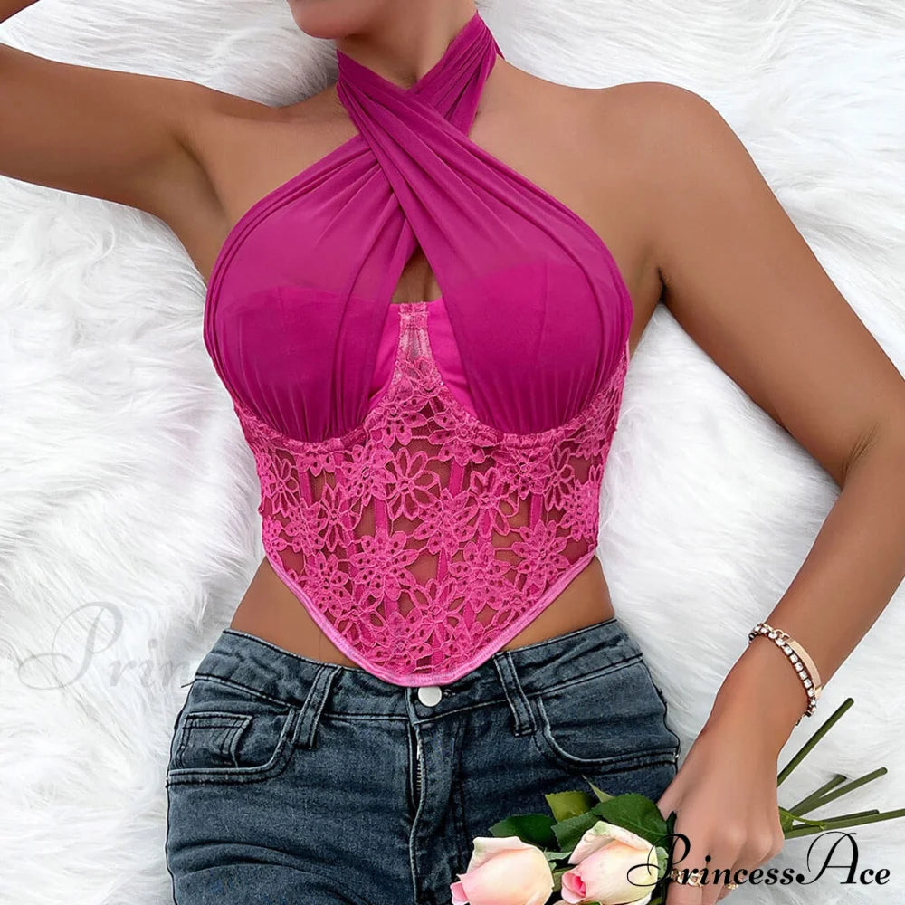 Crossed Halter Neck Lace Floral Classic Mesh Cropped Corset Top - Black M / Rose Tops