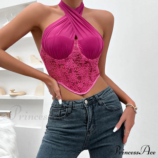 Crossed Halter Neck Lace Floral Classic Mesh Cropped Corset Top - Black S / Rose Tops