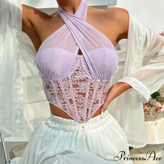 Crossed Halter Neck Lace Floral Classic Mesh Cropped Corset Top - Rose M / Violet Tops