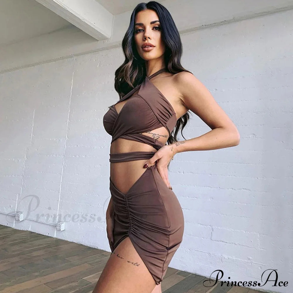 Crossed Halter Neck Lace Floral Classic Mesh Cropped Corset Top - White M / Coffee Matching Sets