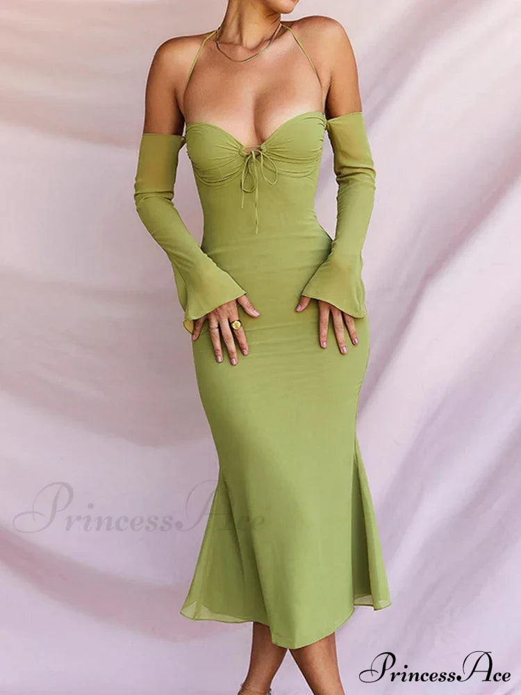 Cryptographic Green Mesh Sheer Midi Dress