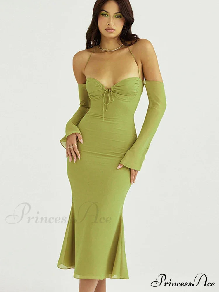 Cryptographic Green Mesh Sheer Midi Dress