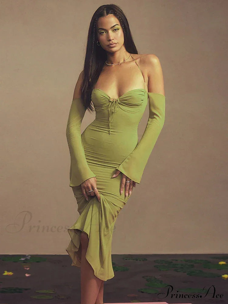 Cryptographic Green Mesh Sheer Midi Dress / S