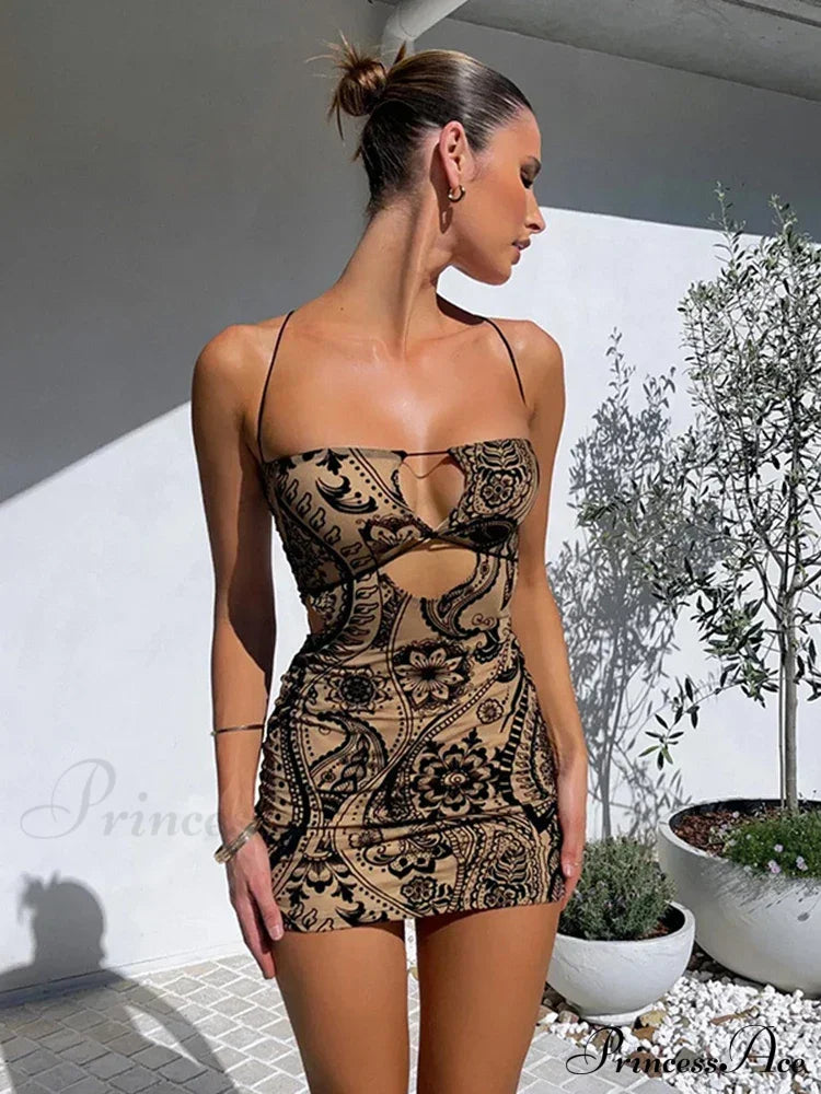 Cryptographic Print Backless Summer Boho Dress Black / S