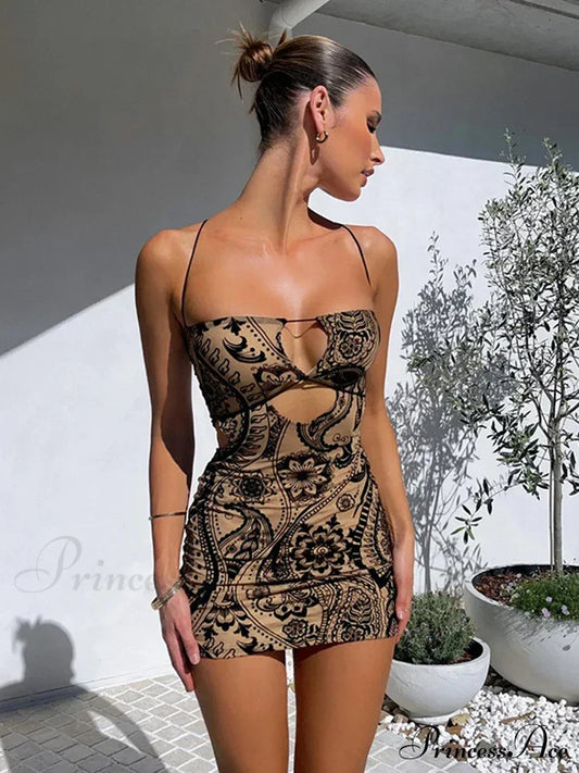 Cryptographic Print Backless Summer Boho Dress Black / S