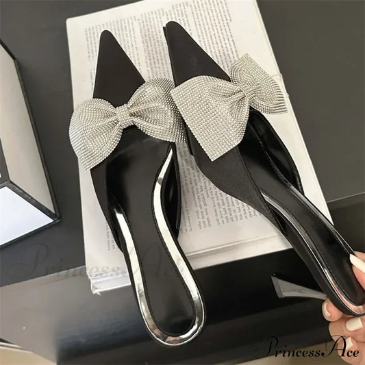 Crystal Butterfly-Knot Pointed Elegant Thin Summer Sandals Low Heel Pump Black / 35