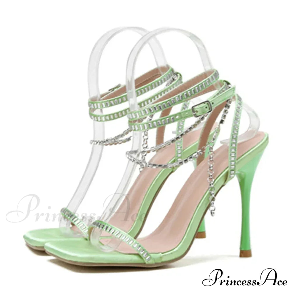 Crystal Chain Ankle-Strap Square-Toe Sexy Party Wedding Rhinestone Summer High Heel