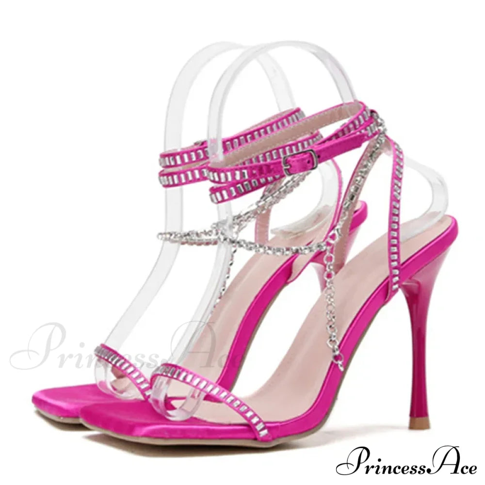 Crystal Chain Ankle-Strap Square-Toe Sexy Party Wedding Rhinestone Summer High Heel