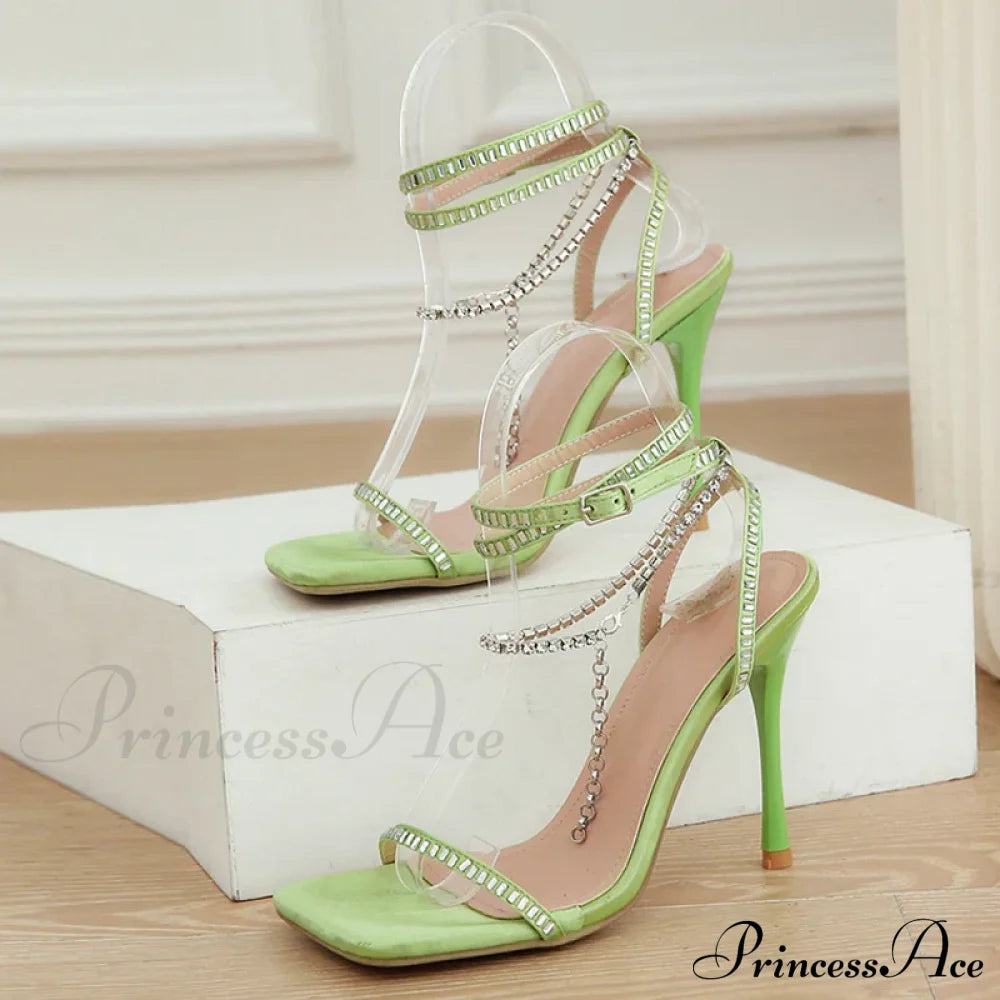 Crystal Chain Ankle-Strap Square-Toe Sexy Party Wedding Rhinestone Summer High Heel