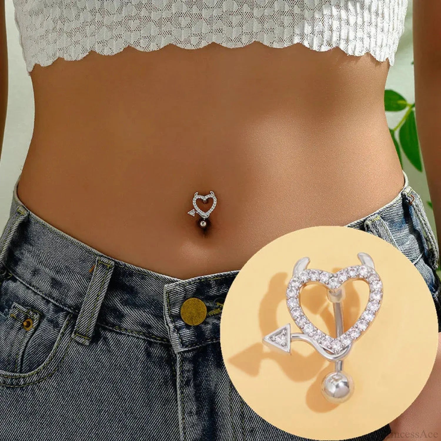 Crystal Heart Pink Gothic Belly Ring Devil