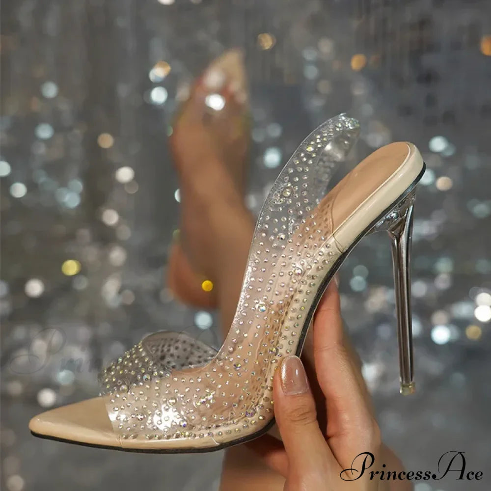 Crystal Rhinestone Transparent Pvc Women Pumps Stilettos High Heels Pointed-Toe Wedding Party Heel